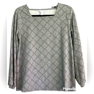 LIZ CLAIBORNE Gray Square Neck Diamond Pattern Thermal Blouse, Size Medium, EUC.